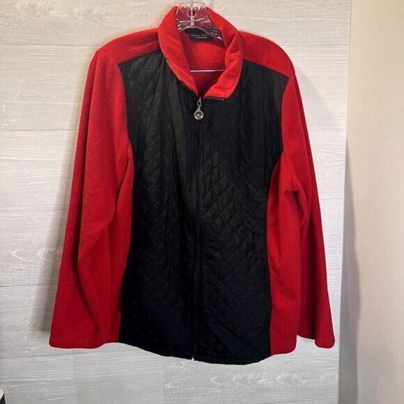 Susan Graver Weekend‎ Red Polar Fleece Quilted Nylon Zip-Front Collared Jacket - Picture 3 of 6